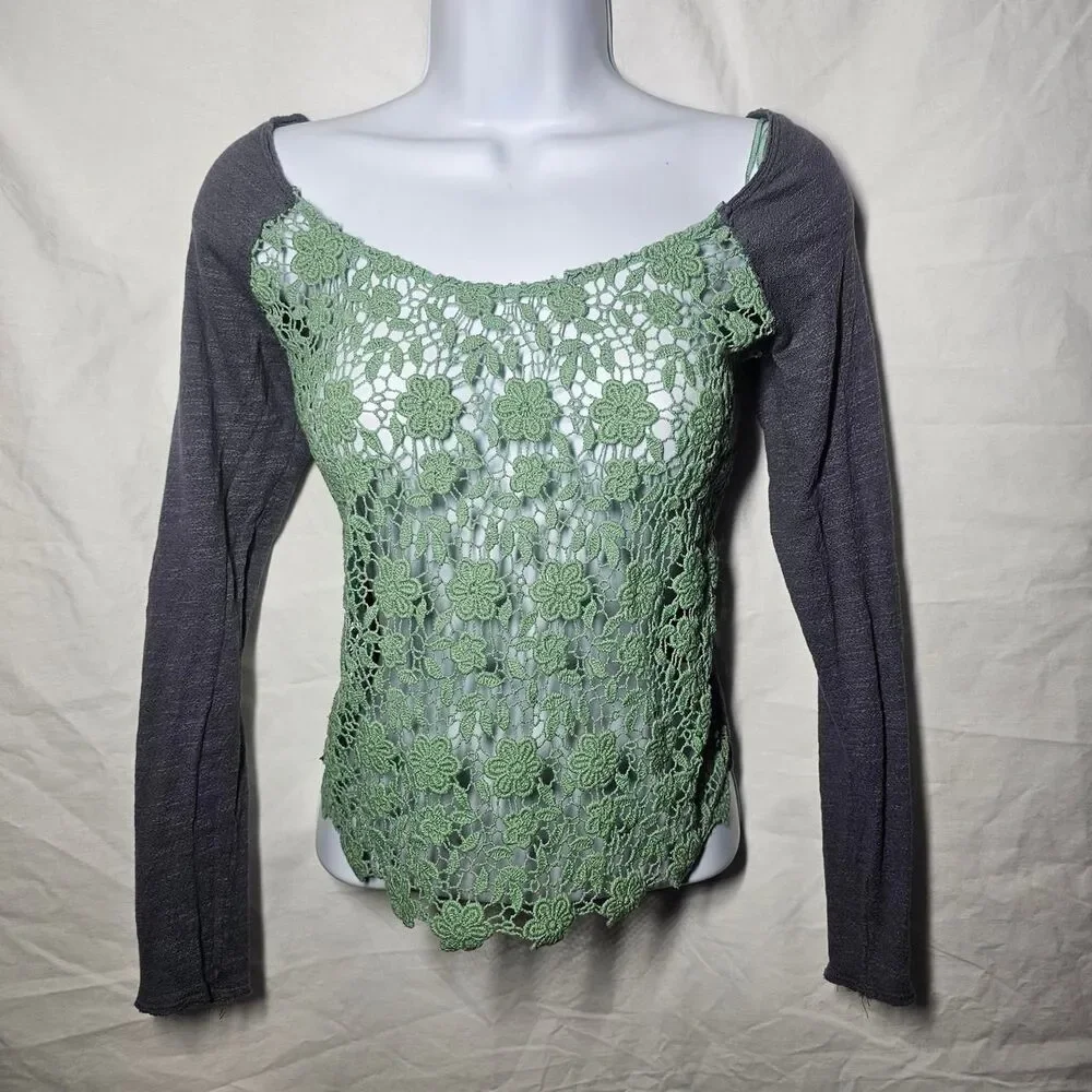 Vintage y2k free people indie crochet front long sleeve scoop neck top